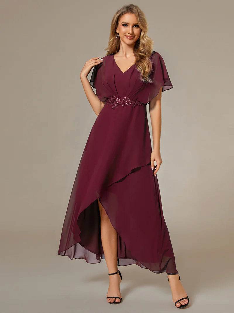 Elegant High-Low Chiffon Evening Dress with Appliqué Details & Short Sleeves - Biamonde
